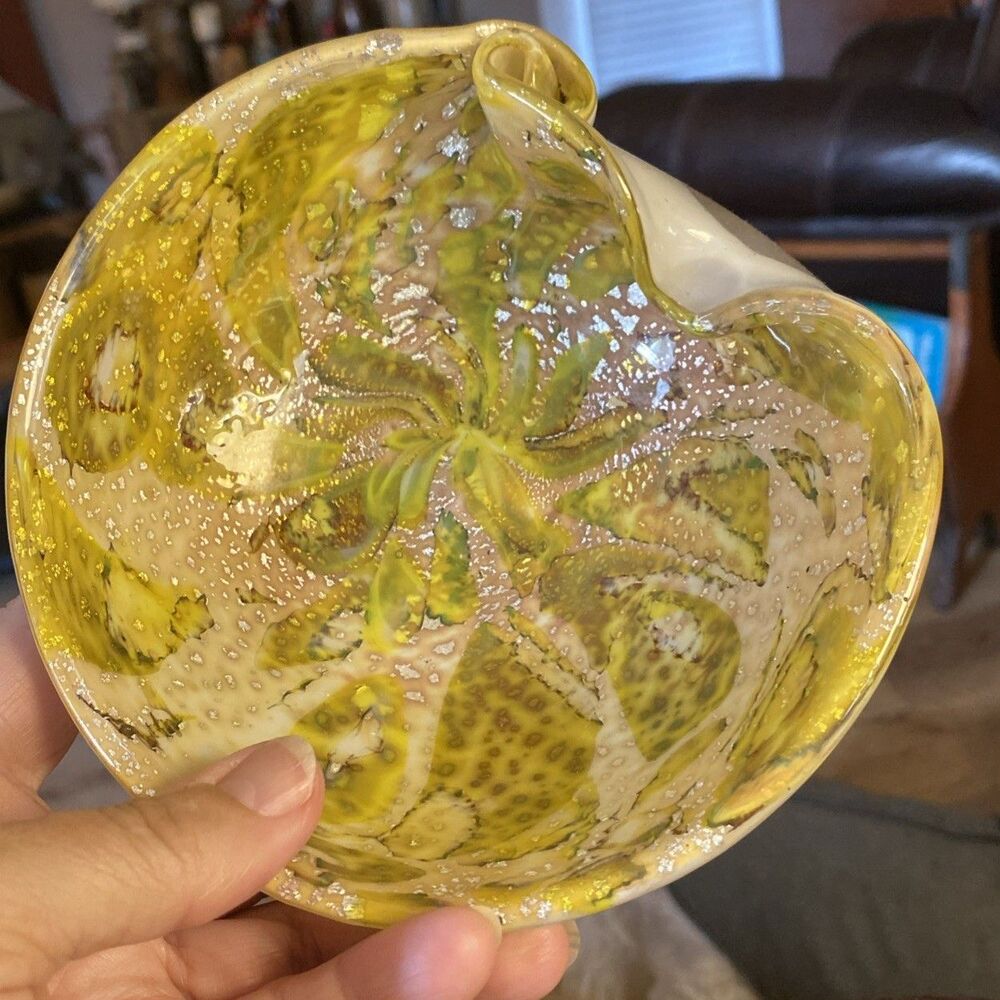 Vintage Murano? Art Glass Yellow Green Cased With metallic silver flakes Dish